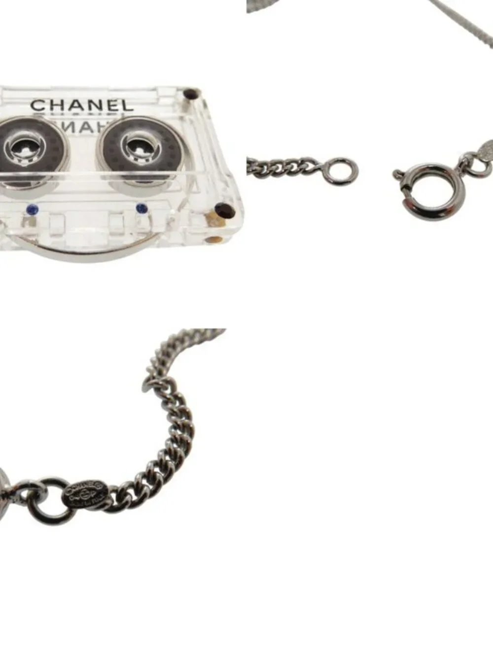 Chanel Cassette Tape Rhinestone Necklace Plastic Clear 1434